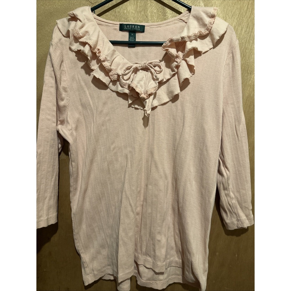 Ralph Lauren T-Shirt 1X Pink Blouse Romantic Victorian Vintage Ruffle Bow